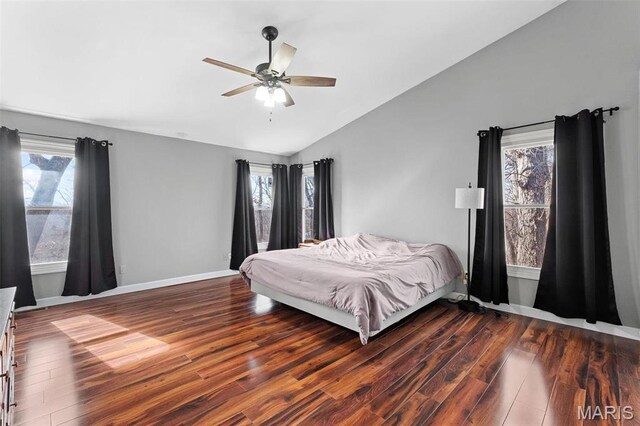19120 Hawk Mountain Rd, Wildwood, MO 63038 - bedroom featuring vaulted ceiling, wood finished floors, multiple windows, a ceiling fan, and baseboards