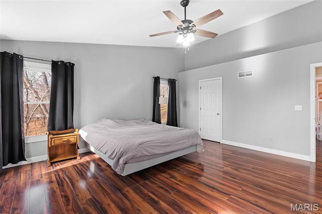 19120 Hawk Mountain Rd, Wildwood, MO 63038 - bedroom featuring wood finished floors, baseboards, lofted ceiling, and ceiling fan