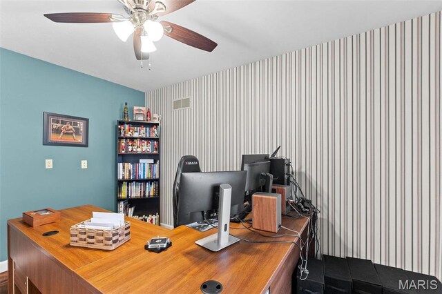 19120 Hawk Mountain Rd, Wildwood, MO 63038 - office area featuring wallpapered walls and a ceiling fan