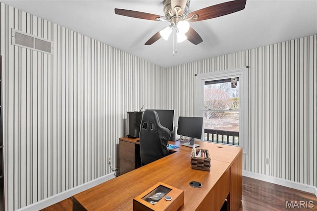 19120 Hawk Mountain Rd, Wildwood, MO 63038 - office space featuring wallpapered walls, baseboards, dark wood-style flooring, and ceiling fan