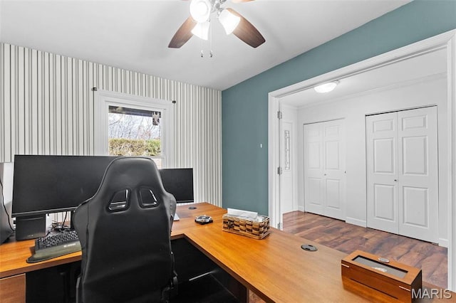 19120 Hawk Mountain Rd, Wildwood, MO 63038 - office space with a ceiling fan, dark wood-style floors, and wallpapered walls