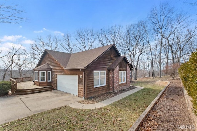 19120 Hawk Mountain Rd, Wildwood, MO 63038 - view of property exterior featuring a deck, concrete driveway, an attached garage, a yard, and roof with shingles