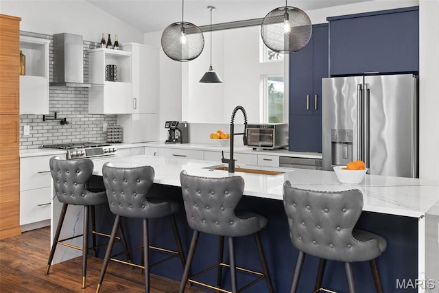 3545 Cappeln Osage Rd, Marthasville, MO 63357 - kitchen with appliances with stainless steel finishes, wall chimney range hood, open shelves, tasteful backsplash, and modern cabinets