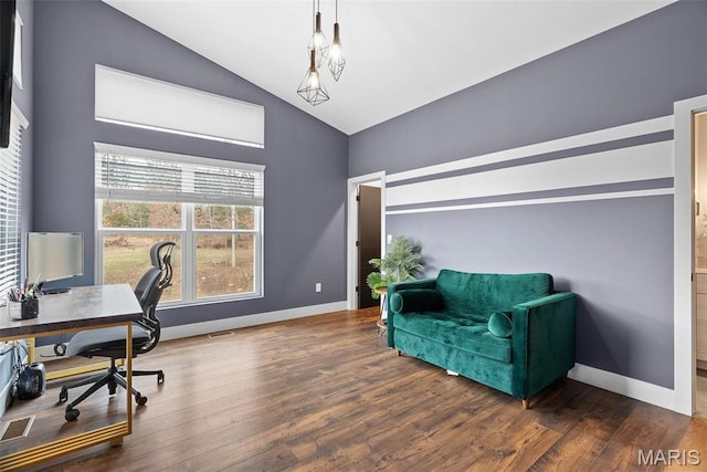 3545 Cappeln Osage Rd, Marthasville, MO 63357 - home office featuring lofted ceiling, wood finished floors, and baseboards