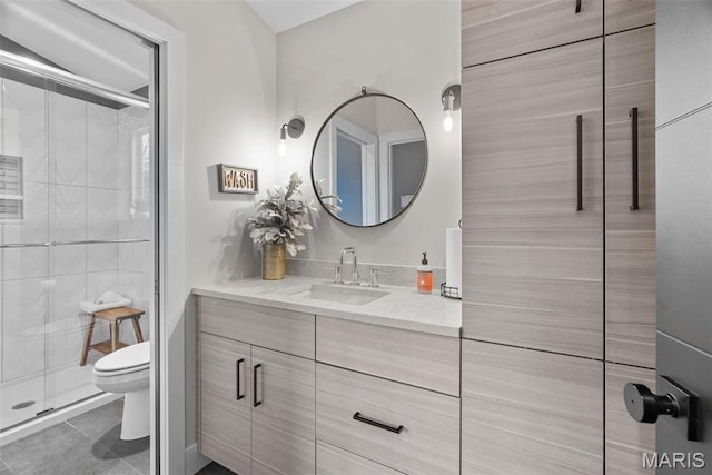3545 Cappeln Osage Rd, Marthasville, MO 63357 - bathroom featuring toilet, a stall shower, vanity, and tile patterned flooring
