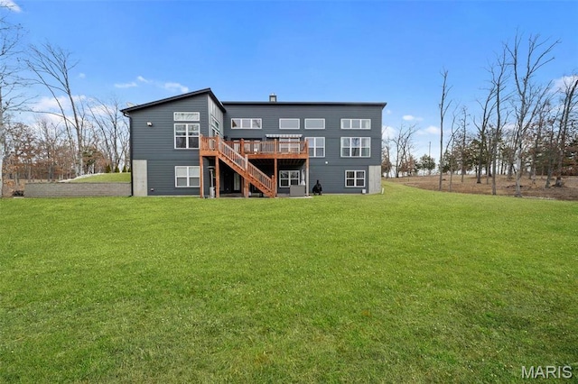 3545 Cappeln Osage Rd, Marthasville, MO 63357 - rear view of house featuring stairway, a wooden deck, and a lawn