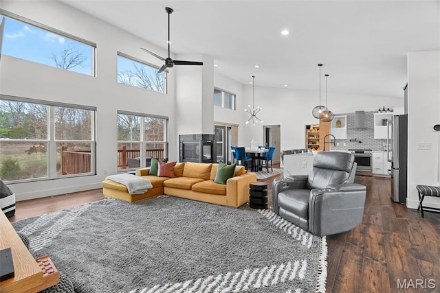 3545 Cappeln Osage Rd, Marthasville, MO 63357 - living room with a ceiling fan, recessed lighting, dark wood-style floors, and high vaulted ceiling