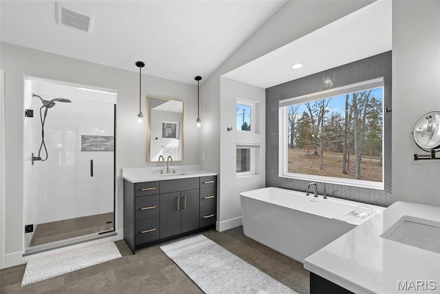 3545 Cappeln Osage Rd, Marthasville, MO 63357 - bathroom featuring a shower stall, vanity, a soaking tub, and lofted ceiling