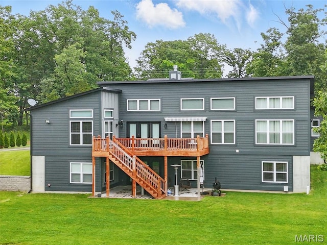 3545 Cappeln Osage Rd, Marthasville, MO 63357 - rear view of property with a wooden deck, a lawn, stairway, and a chimney