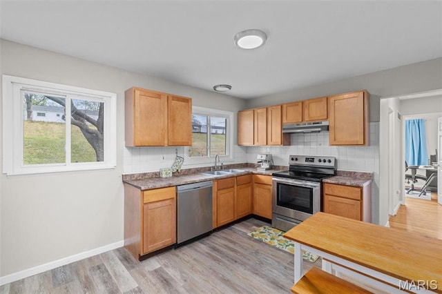 190 Coteau Ln, Florissant, MO 63033 - kitchen with stainless steel appliances, under cabinet range hood, a sink, light wood-type flooring, and decorative backsplash