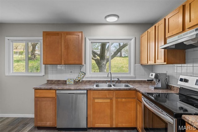 190 Coteau Ln, Florissant, MO 63033 - kitchen with appliances with stainless steel finishes, a sink, under cabinet range hood, and healthy amount of natural light