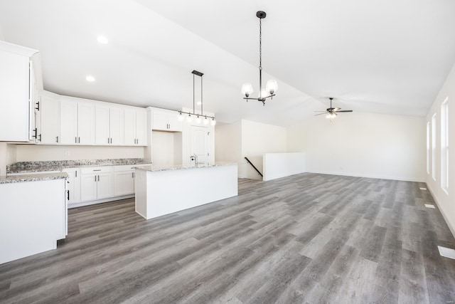 7349 Providence, Edwardsville, IL 62025 - kitchen with a chandelier, a ceiling fan, light wood finished floors, pendant lighting, and vaulted ceiling