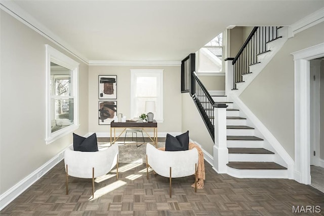 7642 Westmoreland Ave, Saint Louis, MO 63105 - living area featuring stairs, baseboards, and ornamental molding