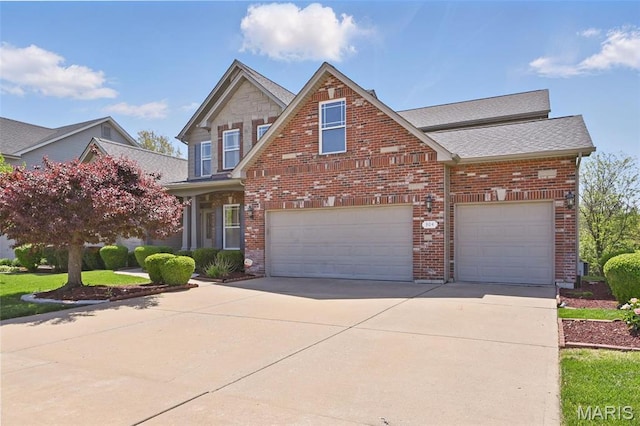 traditional-style home with driveway, brick siding, a shingled roof, and a garage