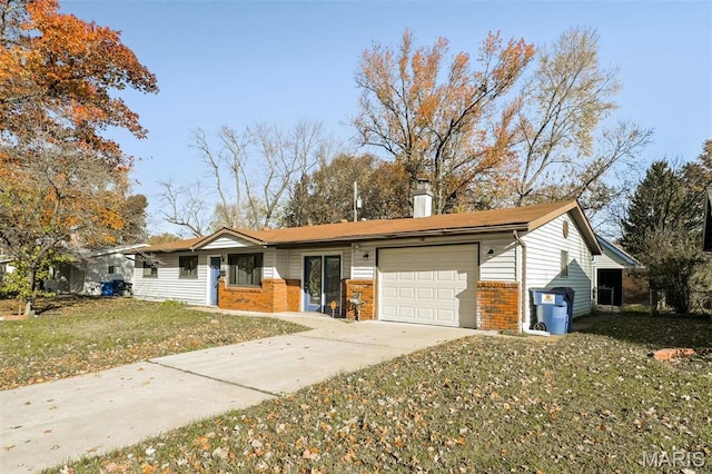 1235 Flicker Dr, Florissant, MO 63031 - single story home featuring a garage, brick siding, concrete driveway, a front lawn, and a chimney