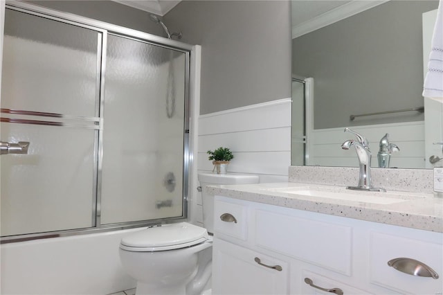 5284 Summer Cir, Imperial, MO 63052 - full bathroom with crown molding, combined bath / shower with glass door, a wainscoted wall, toilet, and vanity