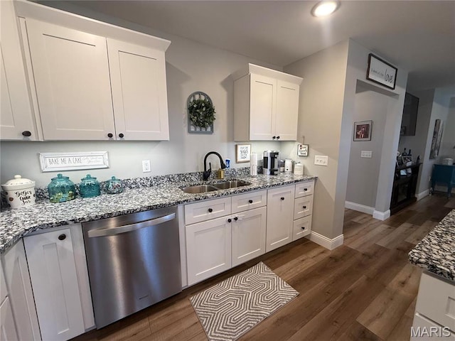 379 Lakeview Cpe, Girardeau, MO 63701 - kitchen with dishwasher, a sink, white cabinets, dark wood finished floors, and recessed lighting