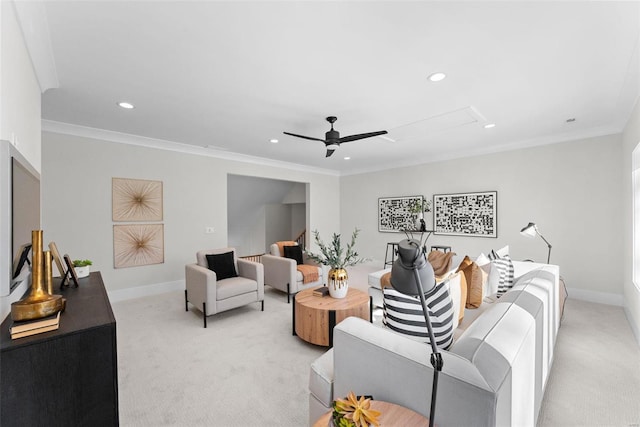 16908 Lewis Spring Farms Rd, Wildwood, MO 63005 - living area featuring attic access, light carpet, recessed lighting, ceiling fan, and ornamental molding
