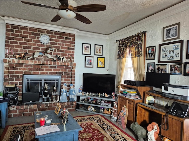 3019 Mockingbird Ln, Granite City, IL 62040 - living room with crown molding, a textured ceiling, a ceiling fan, and a fireplace