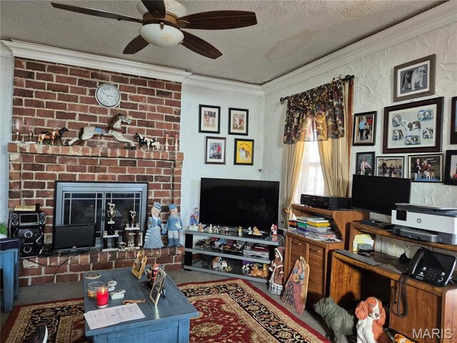 3019 Mockingbird Ln, Granite City, IL 62040 - living room with ornamental molding, a textured ceiling, a ceiling fan, and a fireplace