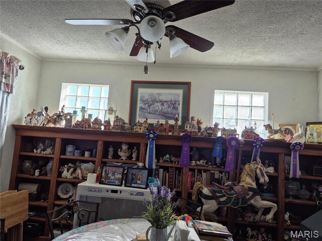3019 Mockingbird Ln, Granite City, IL 62040 - bedroom with a textured ceiling, ornamental molding, and a ceiling fan