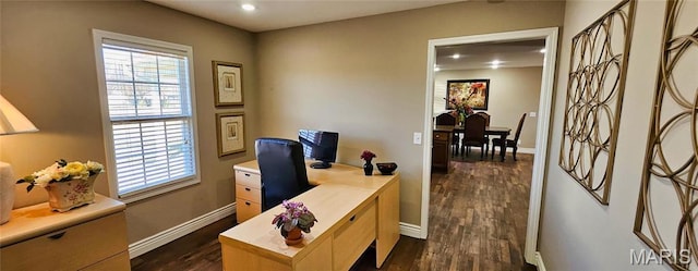 office space with dark wood-type flooring, baseboards, and recessed lighting