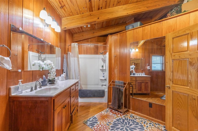 64 Trails End Ln, Doniphan, MO 63935 - bathroom with wood walls, shower / bathtub combination with curtain, wooden ceiling, beam ceiling, and wood-type flooring