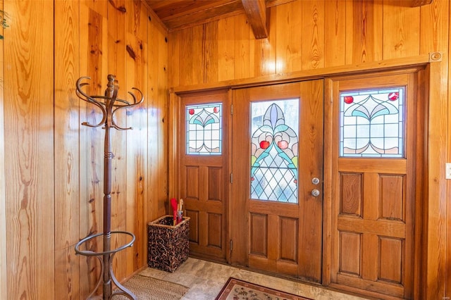 64 Trails End Ln, Doniphan, MO 63935 - foyer featuring wood walls, wood ceiling, and beamed ceiling
