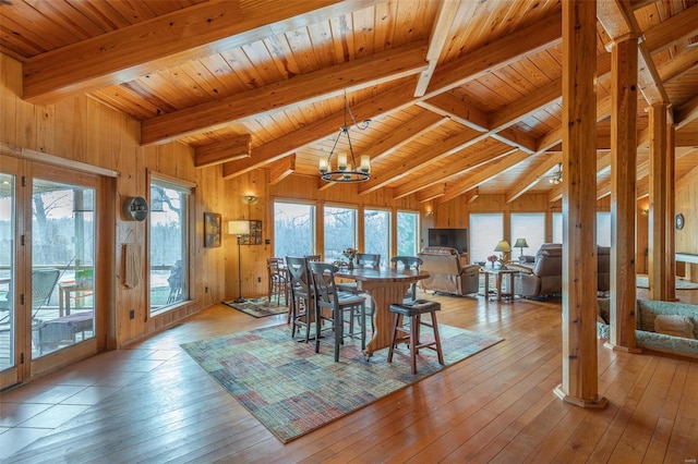 64 Trails End Ln, Doniphan, MO 63935 - dining room with light wood-style flooring, a chandelier, wood ceiling, healthy amount of natural light, and wooden walls
