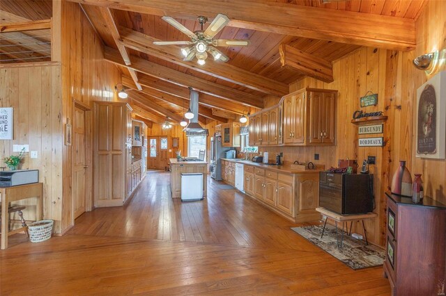64 Trails End Ln, Doniphan, MO 63935 - kitchen with hardwood / wood-style floors, wood ceiling, wood walls, dishwasher, and a ceiling fan