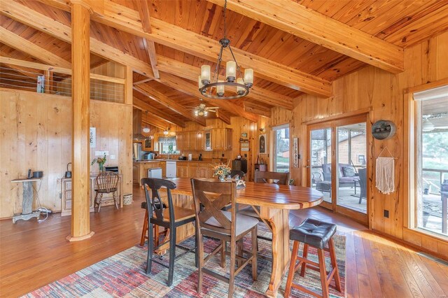 64 Trails End Ln, Doniphan, MO 63935 - dining room featuring wooden walls, plenty of natural light, light wood-style flooring, a chandelier, and wood ceiling