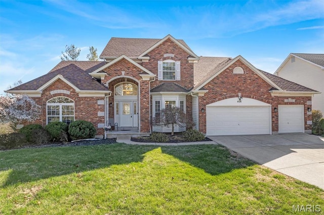 406 Clayton Hollow Dr, Wildwood, MO 63005 - traditional home featuring a shingled roof, a front lawn, an attached garage, concrete driveway, and brick siding