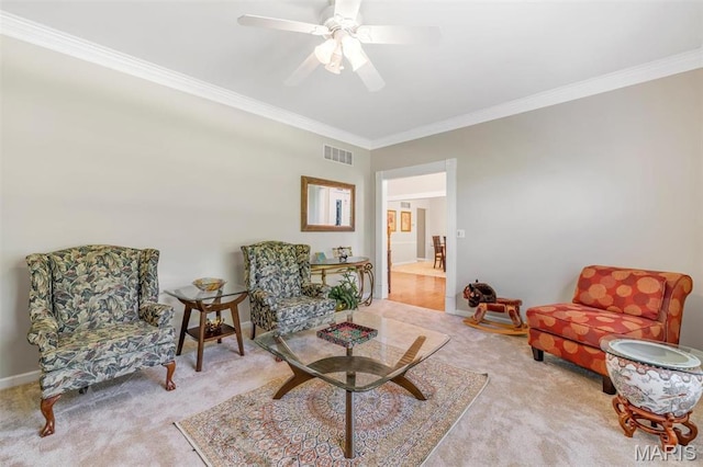 406 Clayton Hollow Dr, Wildwood, MO 63005 - sitting room featuring carpet floors, crown molding, and ceiling fan