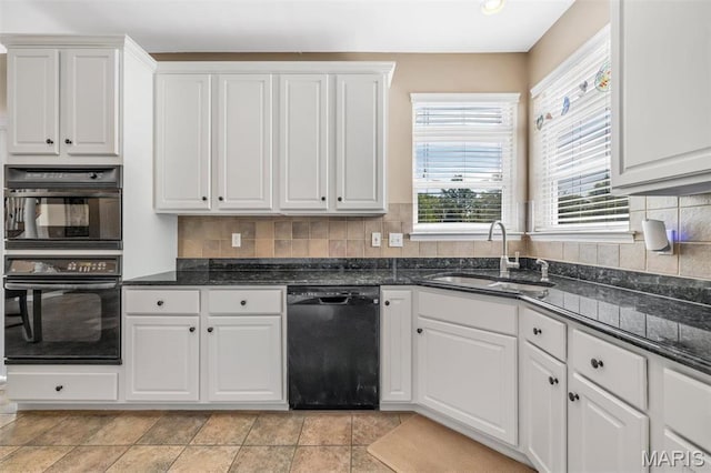 406 Clayton Hollow Dr, Wildwood, MO 63005 - kitchen with black appliances, a sink, white cabinets, and decorative backsplash