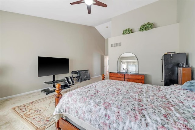 406 Clayton Hollow Dr, Wildwood, MO 63005 - carpeted bedroom with baseboards, high vaulted ceiling, and ceiling fan