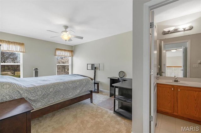 406 Clayton Hollow Dr, Wildwood, MO 63005 - bedroom featuring a sink, light colored carpet, and a ceiling fan