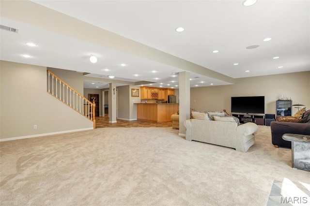 406 Clayton Hollow Dr, Wildwood, MO 63005 - living area featuring light carpet, recessed lighting, stairway, and baseboards