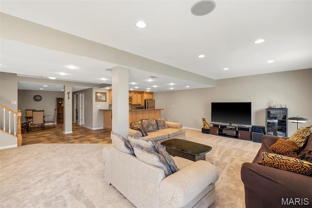406 Clayton Hollow Dr, Wildwood, MO 63005 - living area featuring recessed lighting, baseboards, light carpet, and stairs