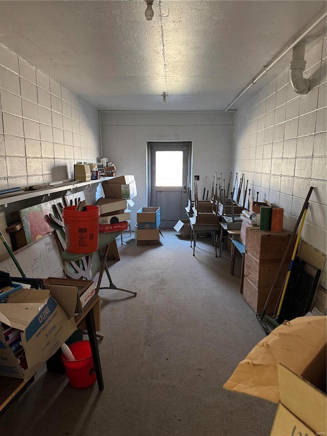 700 Charles St, Poplar Bluff, MO 63901 - miscellaneous room featuring concrete block wall, a textured ceiling, and carpet floors