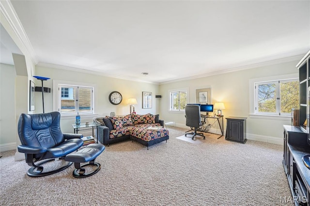 4386 Westminster Pl, Saint Louis, MO 63108 - living area featuring ornamental molding, light colored carpet, healthy amount of natural light, and an office area