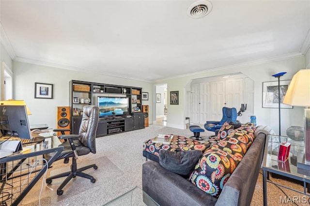 4386 Westminster Pl, Saint Louis, MO 63108 - living room featuring carpet, ornamental molding, and an office area