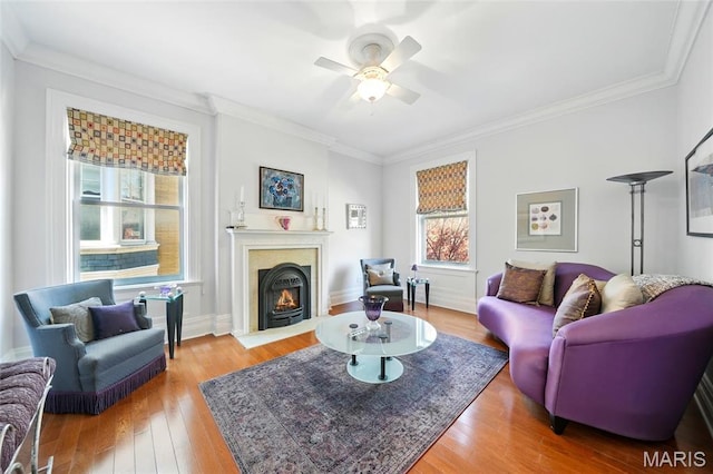 4386 Westminster Pl, Saint Louis, MO 63108 - living room featuring wood finished floors, ceiling fan, ornamental molding, and a fireplace with flush hearth