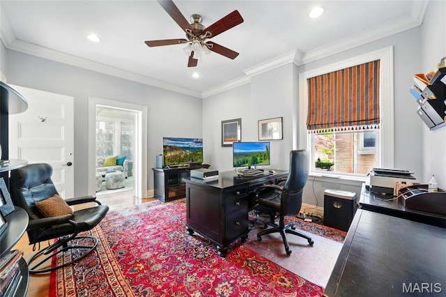 4386 Westminster Pl, Saint Louis, MO 63108 - office area featuring healthy amount of natural light, ceiling fan, wood finished floors, ornamental molding, and recessed lighting