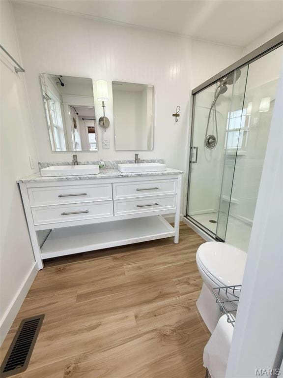 1400 S Jackson St, Salem, MO 65560 - full bathroom featuring a shower stall, double vanity, wood finished floors, and toilet