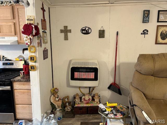 477 W Lakeview Dr, Ironton, MO 63650 - detailed view of stainless steel gas range, heating unit, under cabinet range hood, and wood finished floors