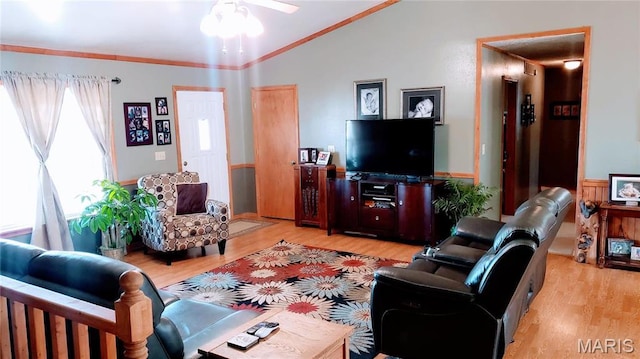 2630 Melody Ln, Cuba, MO 65453 - living room with light wood finished floors, lofted ceiling, ceiling fan, and ornamental molding