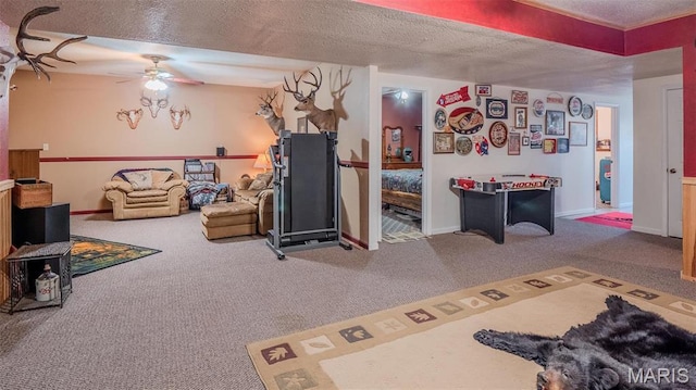 2630 Melody Ln, Cuba, MO 65453 - carpeted living area with a ceiling fan, a textured ceiling, and baseboards