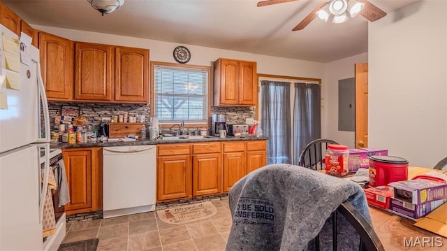 409 County Road 32b, Ironton, MO 63650 - kitchen with white appliances, electric panel, ceiling fan, brown cabinets, and dark countertops