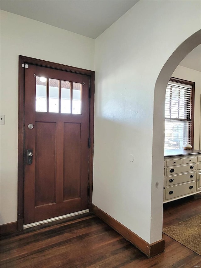 305 Williams St, Washington, MO 63090 - entryway with plenty of natural light, baseboards, dark wood-style flooring, and arched walkways