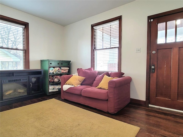 305 Williams St, Washington, MO 63090 - living area with dark wood-type flooring, a glass covered fireplace, and baseboards
